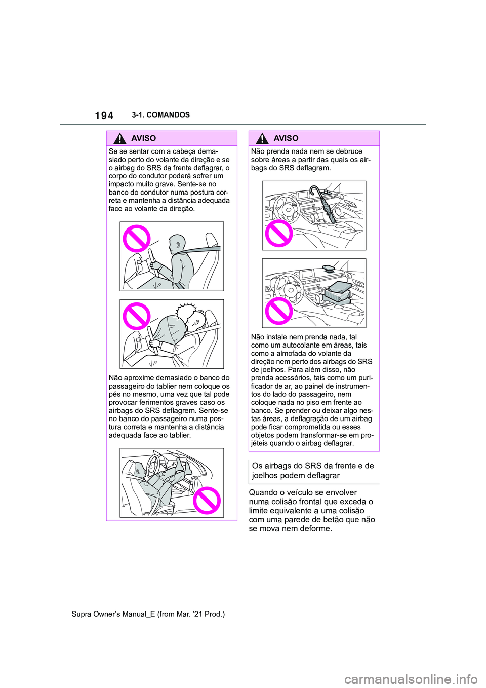 TOYOTA SUPRA 2023  Manual de utilização (in Portuguese) 1943-1. COMANDOS
Supra Owner’s Manual_E (from Mar. ’21 Prod.)
Quando o veículo se envolver 
numa colisão frontal que exceda o 
limite equivalente a uma colisão 
com uma parede de betão que nã