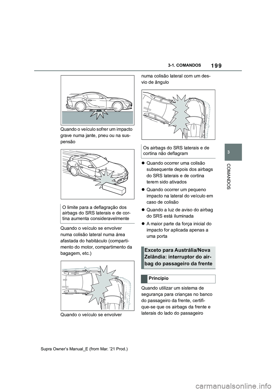 TOYOTA SUPRA 2023  Manual de utilização (in Portuguese) 199
3 3-1. COMANDOS
COMANDOS
Supra Owner’s Manual_E (from Mar. ’21 Prod.)
Q u a nd o o  ve íc ul o s of re r um  im p ac to  
grave numa jante, pneu ou na sus-
pensão
Quando o veículo se envolv