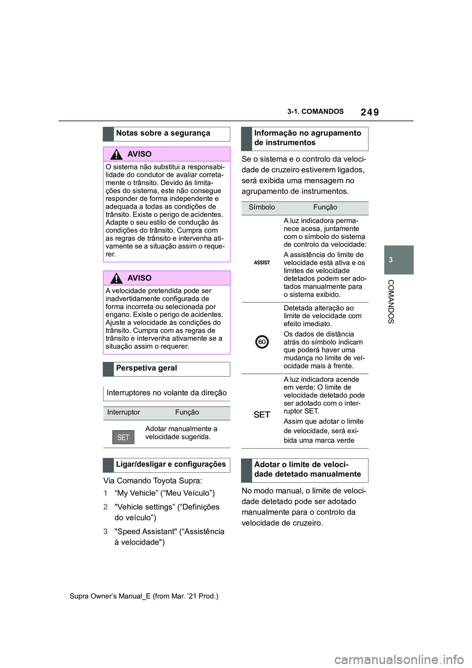 TOYOTA SUPRA 2023  Manual de utilização (in Portuguese) 249
3 3-1. COMANDOS
COMANDOS
Supra Owner’s Manual_E (from Mar. ’21 Prod.)
Via Comando Toyota Supra:
1“My Vehicle” (“Meu Veículo”)
2"Vehicle settings” (“Definições 
do veículo
