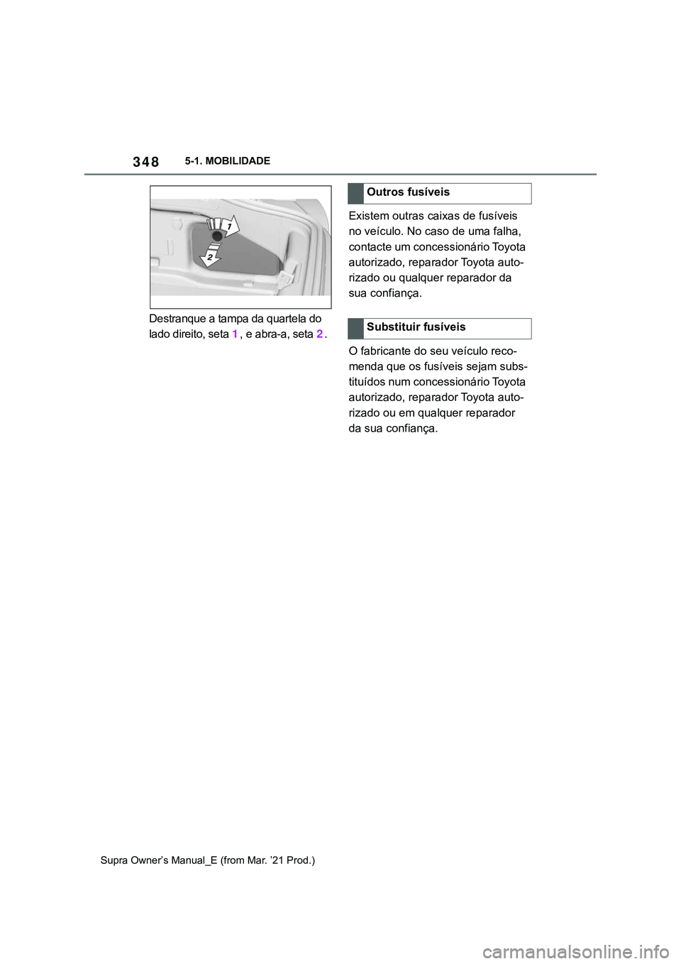 TOYOTA SUPRA 2023  Manual de utilização (in Portuguese) 3485-1. MOBILIDADE
Supra Owner’s Manual_E (from Mar. ’21 Prod.)
Destranque a tampa da quartela do 
lado direito, seta 1, e abra-a, seta 2.Existem outras caixas de fusíveis 
no veículo. No caso d