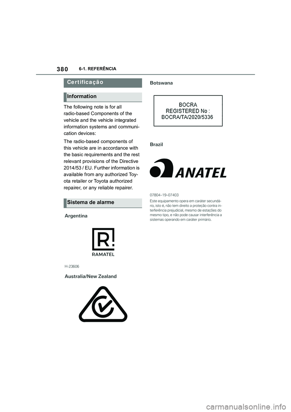 TOYOTA SUPRA 2023  Manual de utilização (in Portuguese) 3806-1. REFERÊNCIA
The following note is for all 
radio-based Components of the 
vehicle and the vehicle integrated 
information systems and communi-
cation devices:
The radio-based components of 
th