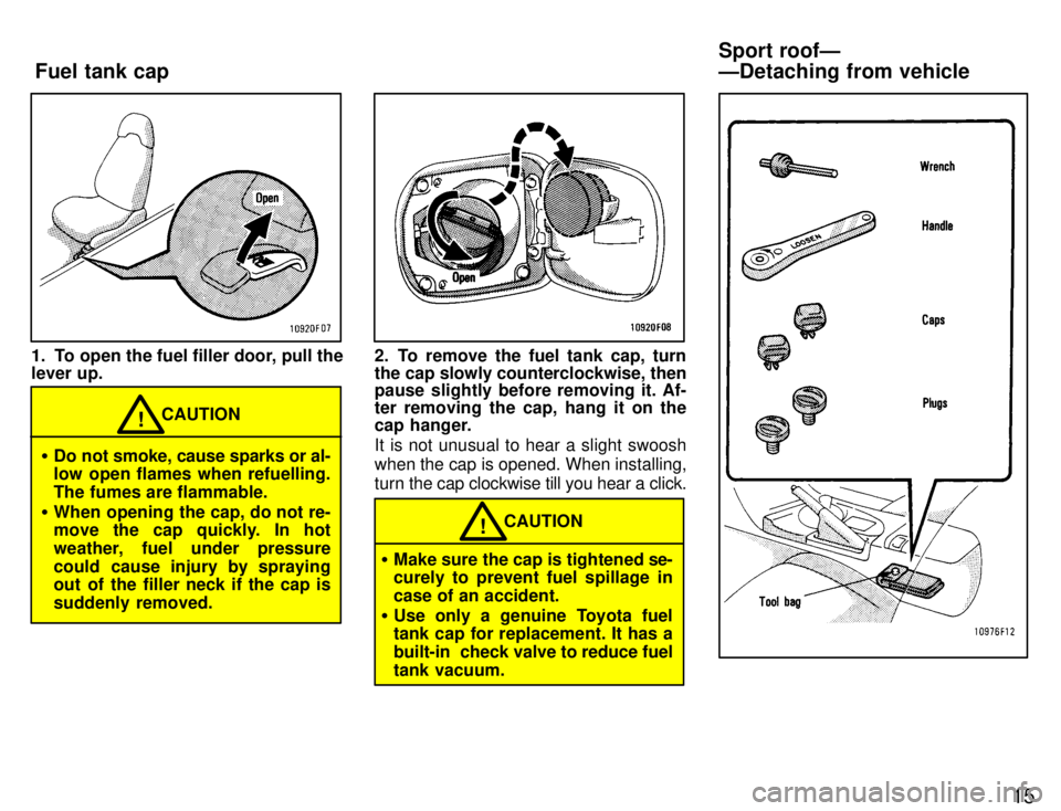 TOYOTA SUPRA 1996  Owners Manual 15
1. To open the fuel filler door, pull the 
lever up.
CAUTION!
� Do not smoke, cause sparks or al- 
low open flames when refuelling. 
The fumes are flammable.
� When opening the cap, do not re- 
mov
