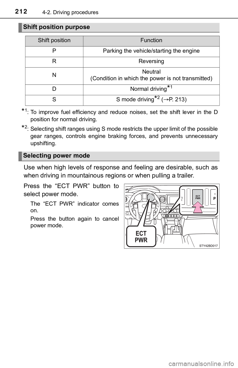TOYOTA TACOMA 2023  Owners Manual 2124-2. Driving procedures
*1: To  improve  fuel  efficiency  and  reduce  noises,  set  the  shift  lever  in  the  D
position for normal driving.
*2: Selecting shift ranges using S mode restricts th