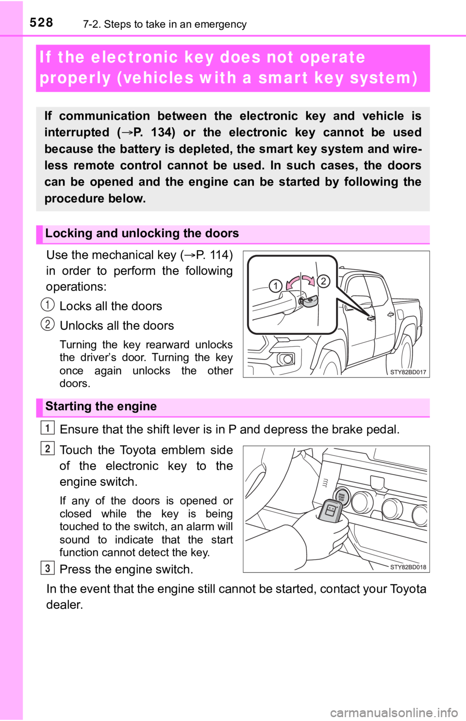 TOYOTA TACOMA 2023  Owners Manual 5287-2. Steps to take in an emergency
If  the electronic key does not operate 
properly (vehicles with a smar t key system)
Use the mechanical key (P. 114)
in  order  to  perform  the  following
op