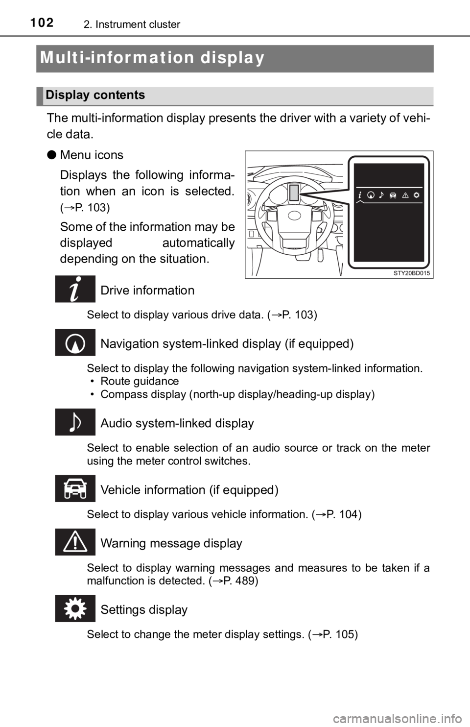 TOYOTA TACOMA 2022 Owners Manual 1022. Instrument cluster
Multi-infor mation display
The multi-information display presents the driver with a variety of vehi-
cle data.
● Menu icons
Displays the following informa-
tion when an TOYOTA TACOMA 2022 Owners Manual 1022. Instrument cluster
Multi-infor mation display
The multi-information display presents the driver with a variety of vehi-
cle data.
● Menu icons
Displays the following informa-
tion when an