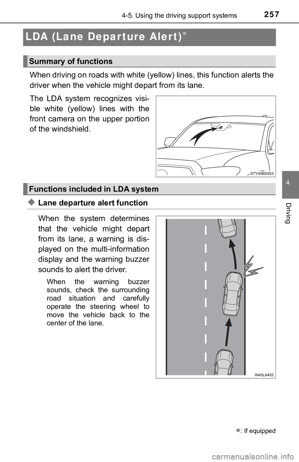 TOYOTA TACOMA 2022  Owners Manual 2574-5. Using the driving support systems
4
Driving
LDA (Lane Depar ture Alert)
When driving on roads with white (yellow) lines, this function alerts the
driver when the vehicle mi ght depart from 