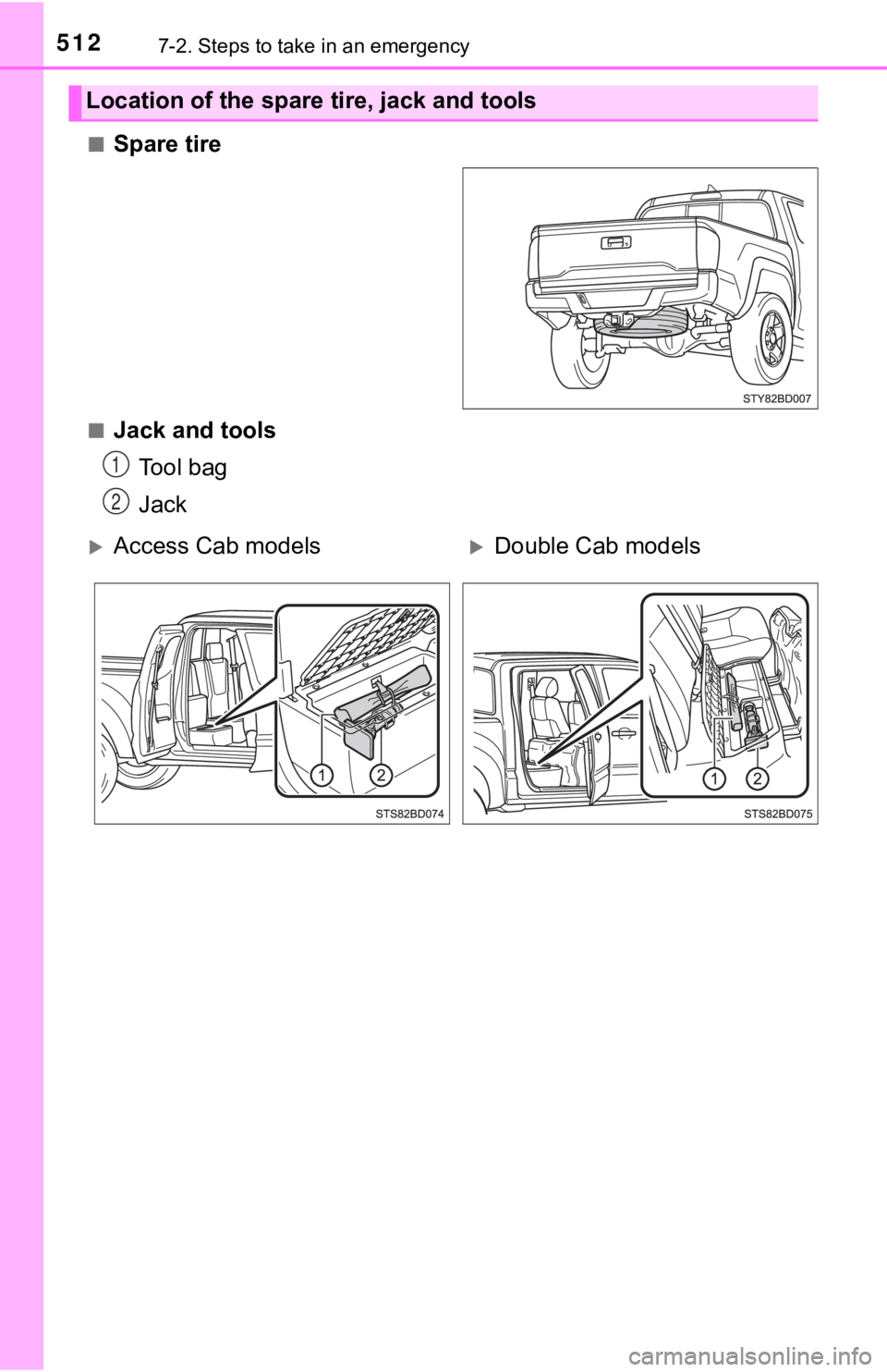 TOYOTA TACOMA 2022  Owners Manual 5127-2. Steps to take in an emergency
■Spare tire
■Jack and toolsTool bag
Jack
Location of the spare tire, jack and tools
1
2
Access Cab modelsDouble Cab models 