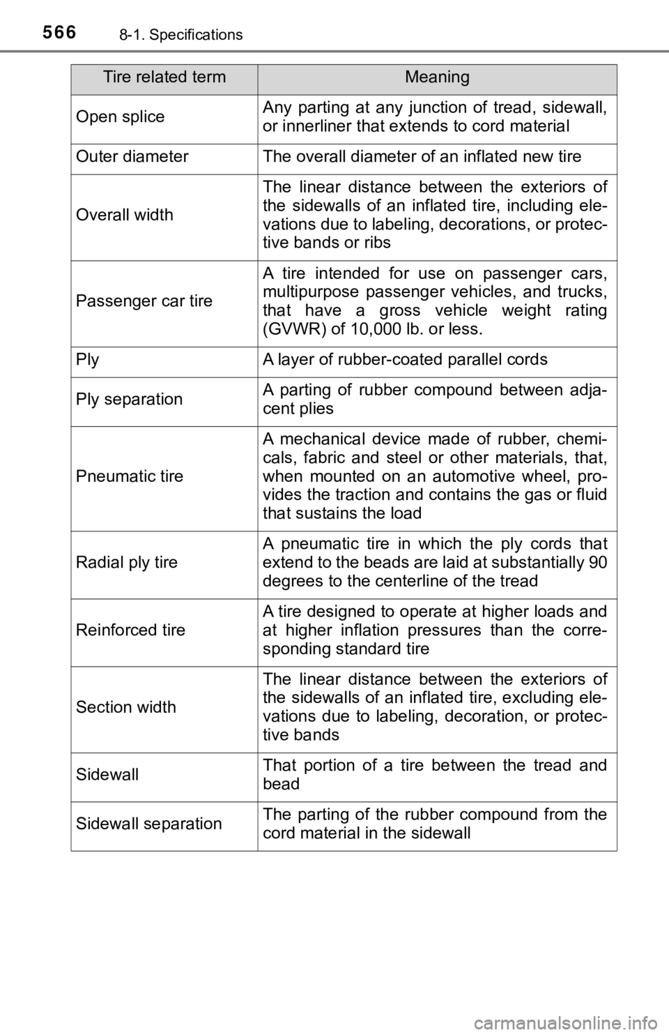 TOYOTA TACOMA 2022  Owners Manual 5668-1. Specifications
Open spliceAny  parting  at  any  junction  of  tread,  sidewall,
or innerliner that extends to cord material
Outer diameterThe overall diameter of an inflated new tire
Overall 