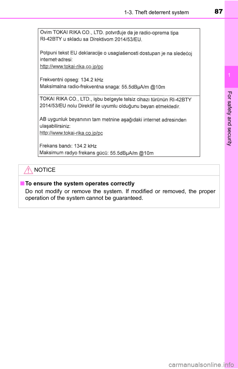 TOYOTA TACOMA 2022  Owners Manual 871-3. Theft deterrent system
1
For safety and security
NOTICE
■To ensure the system operates correctly
Do  not  modify  or  remove  the  system.  If  modified  or  removed,  the  proper
operation o