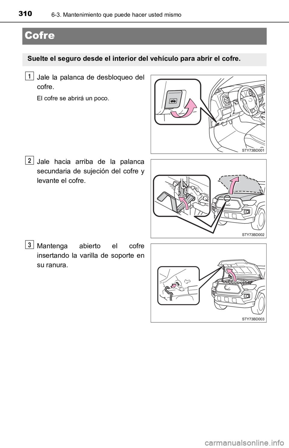 TOYOTA TACOMA 2019  Manual del propietario (in Spanish) 3106-3. Mantenimiento que puede hacer usted mismo
Cofre
Jale  la  palanca  de  desbloqueo  del
cofre.
El cofre se abrirá un poco.
Jale  hacia  arriba  de  la  palanca
secundaria  de  sujeción  del  