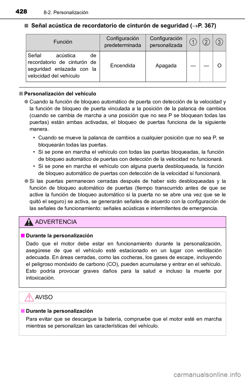 TOYOTA TACOMA 2019 Manual del propietario (in Spanish) 4288-2. Personalización
■Señal acústica de recordatorio de cinturón de seguridad (P. 367)
■Personalización del vehículo
●Cuando la función de bloqueo automático de puerta con detecci TOYOTA TACOMA 2019 Manual del propietario (in Spanish) 4288-2. Personalización
■Señal acústica de recordatorio de cinturón de seguridad (P. 367)
■Personalización del vehículo
●Cuando la función de bloqueo automático de puerta con detecci