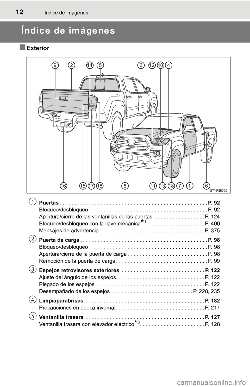TOYOTA TACOMA 2018  Manual del propietario (in Spanish) 12Índice de imágenes
Índice de imágenes
■Exterior
Puertas . . . . . . . . . . . . . . . . . . . . . . . . . . . . . . . . . . . . . . . . . . . . . . . . . . P. 92
Bloqueo/desbloqueo . . . . . .