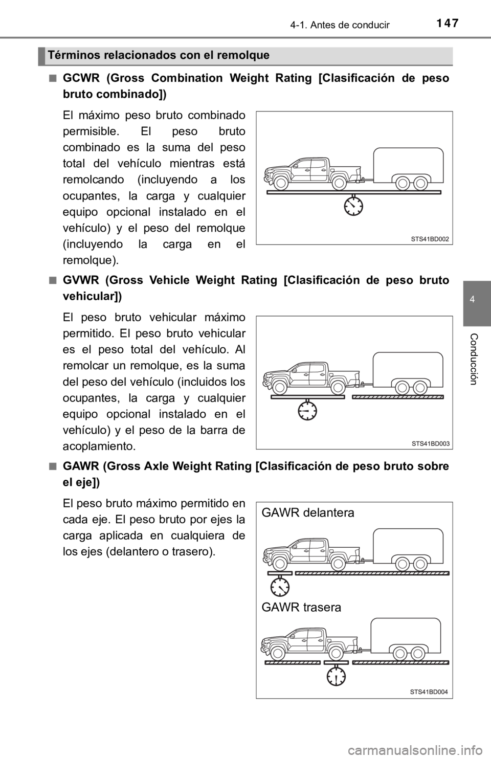 TOYOTA TACOMA 2018  Manual del propietario (in Spanish) 1474-1. Antes de conducir
4
Conducción
■GCWR  (Gross  Combination  Weight  Rating  [Clasificación  de  peso
bruto combinado])
El  máximo  peso  bruto  combinado
permisible.  El  peso  bruto
combi
