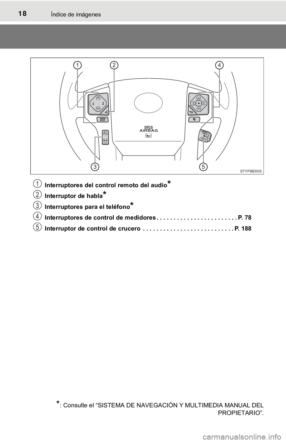TOYOTA TACOMA 2018  Manual del propietario (in Spanish) 18Índice de imágenes
Interruptores del control remoto del audio*
Interruptor de habla*
Interruptores para el teléfono*
Interruptores de control de medidores . . . . . . . . . . . . . . . . . . . . 