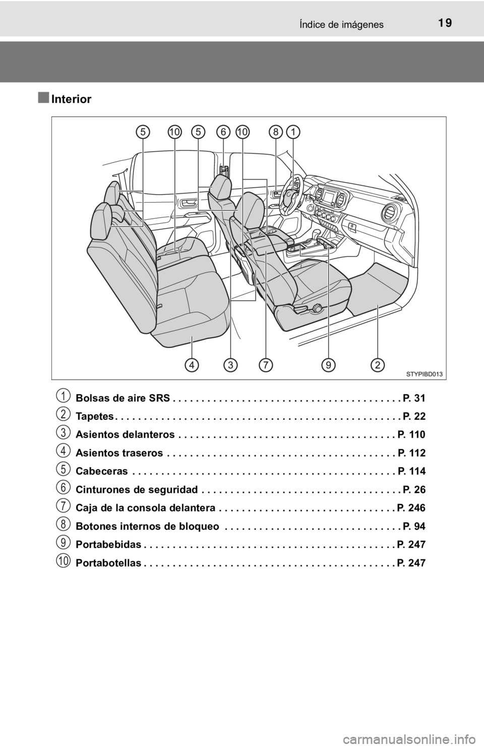 TOYOTA TACOMA 2018 Manual del propietario (in Spanish) 19Índice de imágenes
■Interior
Bolsas de aire SRS . . . . . . . . . . . . . . . . . . . . . . . . . . . . . . . . . . . . . . . . P. 31
Tapetes . . . . . . . . . . . . . . . . . . . . . . . . . . TOYOTA TACOMA 2018 Manual del propietario (in Spanish) 19Índice de imágenes
■Interior
Bolsas de aire SRS . . . . . . . . . . . . . . . . . . . . . . . . . . . . . . . . . . . . . . . . P. 31
Tapetes . . . . . . . . . . . . . . . . . . . . . . . . . .
