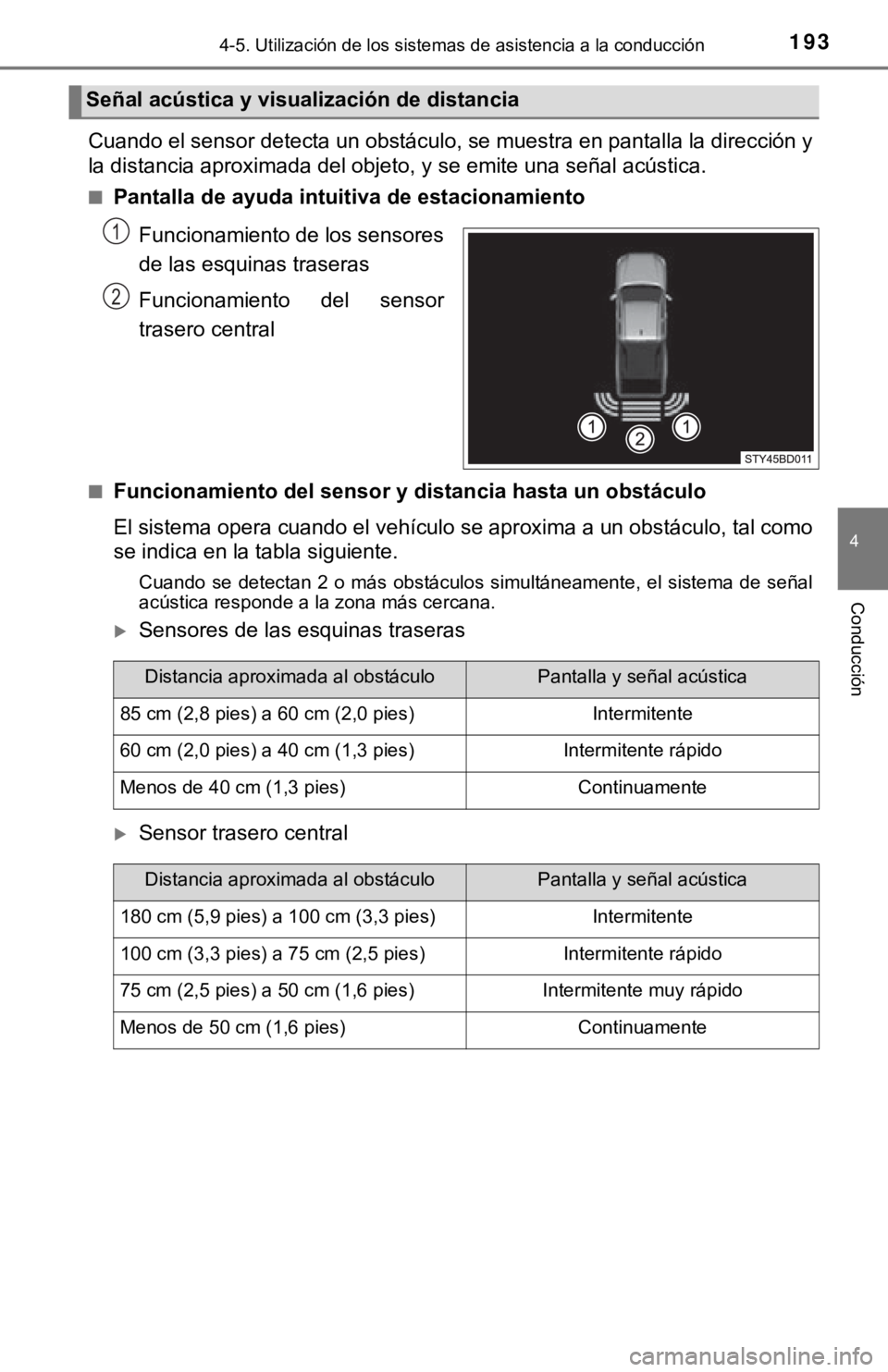 TOYOTA TACOMA 2018 Manual del propietario (in Spanish) 1934-5. Utilización de los sistemas de asistencia a la conducción
4
Conducción
Cuando el sensor detecta un obstáculo, se muestra en pantalla la dirección y
la distancia aproximada del objeto, y s TOYOTA TACOMA 2018 Manual del propietario (in Spanish) 1934-5. Utilización de los sistemas de asistencia a la conducción
4
Conducción
Cuando el sensor detecta un obstáculo, se muestra en pantalla la dirección y
la distancia aproximada del objeto, y s
