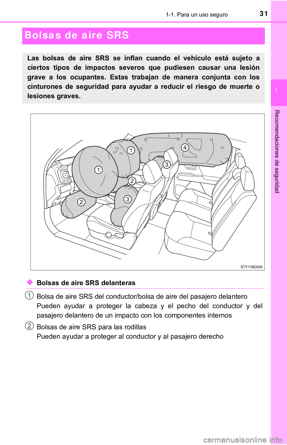 TOYOTA TACOMA 2018  Manual del propietario (in Spanish) 311-1. Para un uso seguro
1
Recomendaciones de seguridad
Bolsas de aire SRS
◆Bolsas de aire SRS delanteras
Bolsa de aire SRS del conductor/bolsa de aire del pasajero delantero
Pueden  ayudar  a  pro