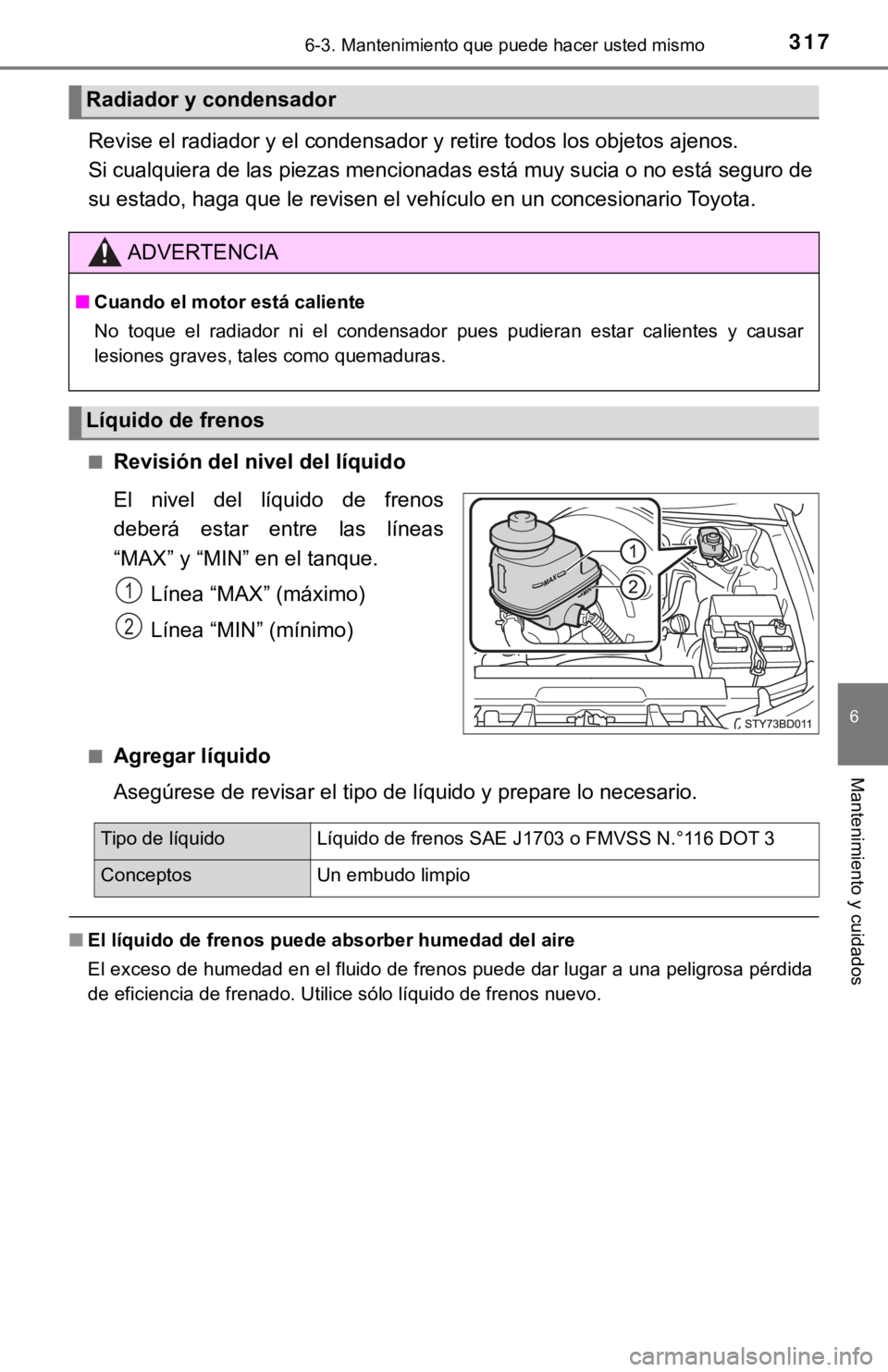 TOYOTA TACOMA 2018 Manual del propietario (in Spanish) 3176-3. Mantenimiento que puede hacer usted mismo
6
Mantenimiento y cuidados
Revise el radiador y el condensador y retire todos los objetos ajenos.
Si cualquiera de las piezas mencionadas está muy s TOYOTA TACOMA 2018 Manual del propietario (in Spanish) 3176-3. Mantenimiento que puede hacer usted mismo
6
Mantenimiento y cuidados
Revise el radiador y el condensador y retire todos los objetos ajenos.
Si cualquiera de las piezas mencionadas está muy s