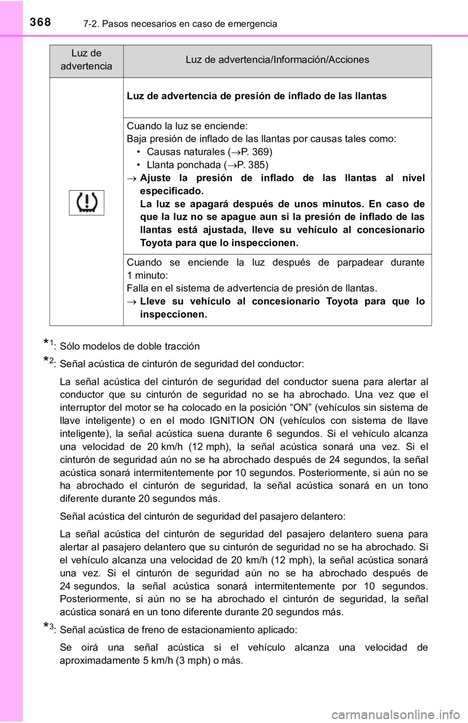 TOYOTA TACOMA 2018 Manual del propietario (in Spanish) 3687-2. Pasos necesarios en caso de emergencia
*1: Sólo modelos de doble tracción
*2: Señal acústica de cinturón de seguridad del conductor:La señal acústica del cinturón de seguridad d TOYOTA TACOMA 2018 Manual del propietario (in Spanish) 3687-2. Pasos necesarios en caso de emergencia
*1: Sólo modelos de doble tracción
*2: Señal acústica de cinturón de seguridad del conductor:La señal acústica del cinturón de seguridad d