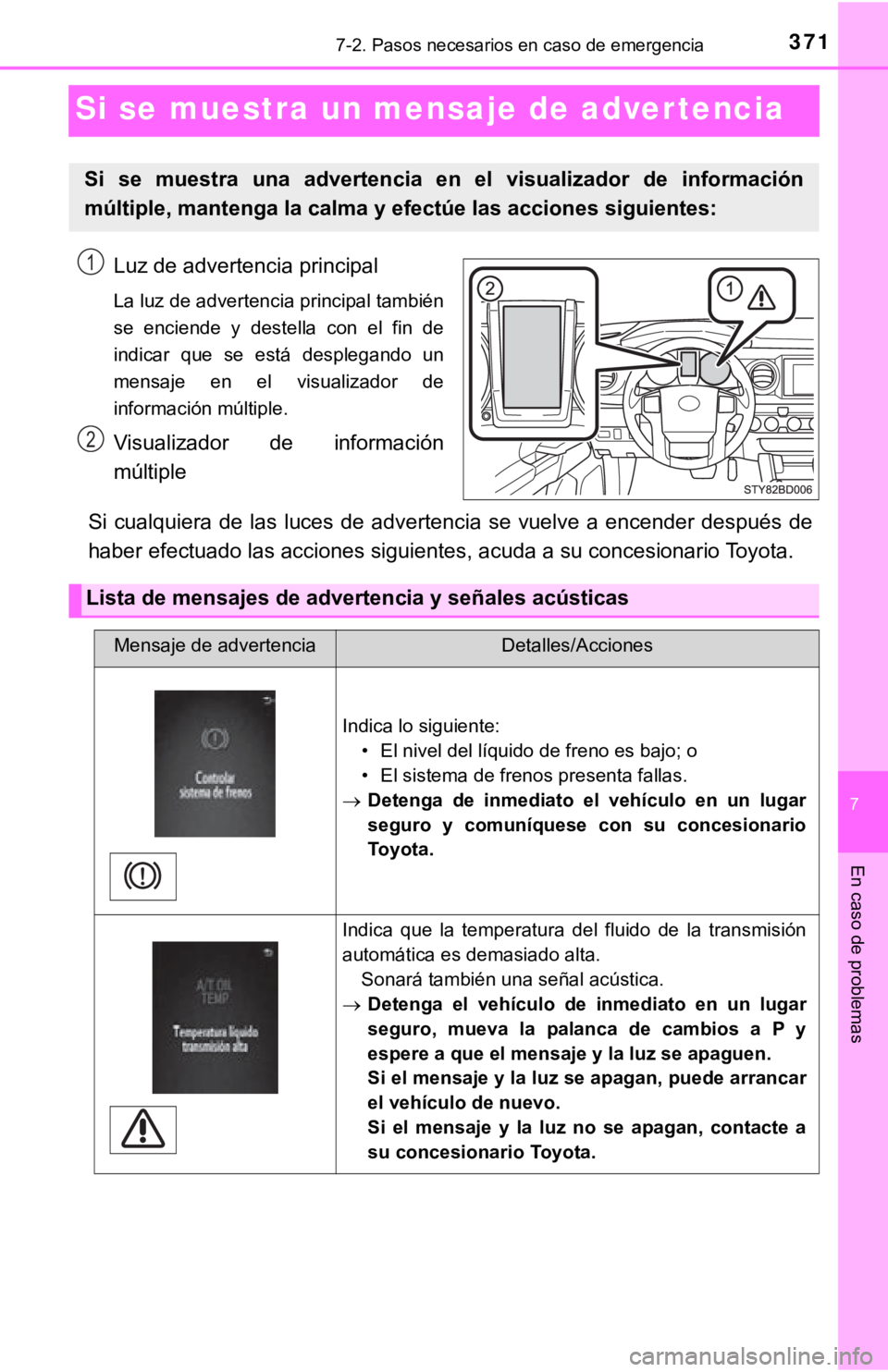 TOYOTA TACOMA 2018 Manual del propietario (in Spanish) 7
En caso de problemas
3717-2. Pasos necesarios en caso de emergencia
Si se muestra un mensaje de advertencia
Luz de advertencia principal
La luz de advertencia principal también
se enciende y des TOYOTA TACOMA 2018 Manual del propietario (in Spanish) 7
En caso de problemas
3717-2. Pasos necesarios en caso de emergencia
Si se muestra un mensaje de advertencia
Luz de advertencia principal
La luz de advertencia principal también
se enciende y des