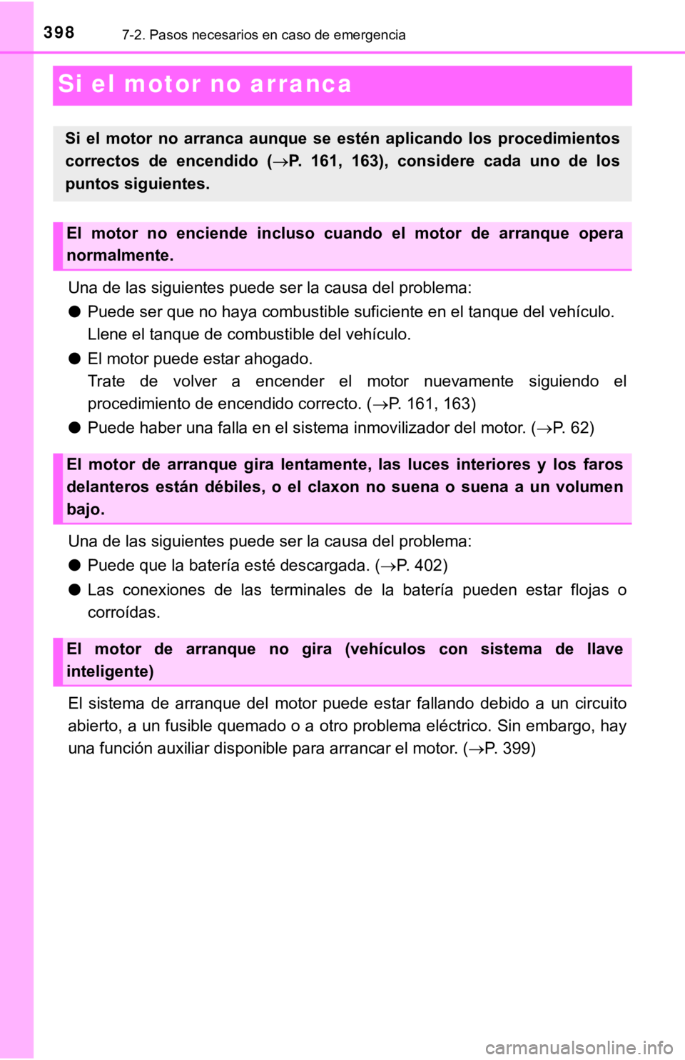 TOYOTA TACOMA 2018 Manual del propietario (in Spanish) 3987-2. Pasos necesarios en caso de emergencia
Si el motor no arranca
Una de las siguientes puede ser la causa del problema:
●Puede ser que no haya combustible suficiente en el tanque del vehículo. TOYOTA TACOMA 2018 Manual del propietario (in Spanish) 3987-2. Pasos necesarios en caso de emergencia
Si el motor no arranca
Una de las siguientes puede ser la causa del problema:
●Puede ser que no haya combustible suficiente en el tanque del vehículo.