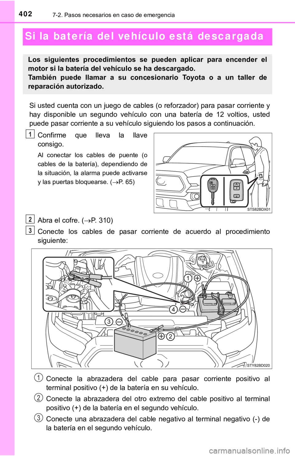 TOYOTA TACOMA 2018 Manual del propietario (in Spanish) 4027-2. Pasos necesarios en caso de emergencia
Si la batería del vehículo está descargada
Si usted cuenta con un juego de cables (o reforzador) para pasar corriente y
hay disponible un segundo TOYOTA TACOMA 2018 Manual del propietario (in Spanish) 4027-2. Pasos necesarios en caso de emergencia
Si la batería del vehículo está descargada
Si usted cuenta con un juego de cables (o reforzador) para pasar corriente y
hay disponible un segundo