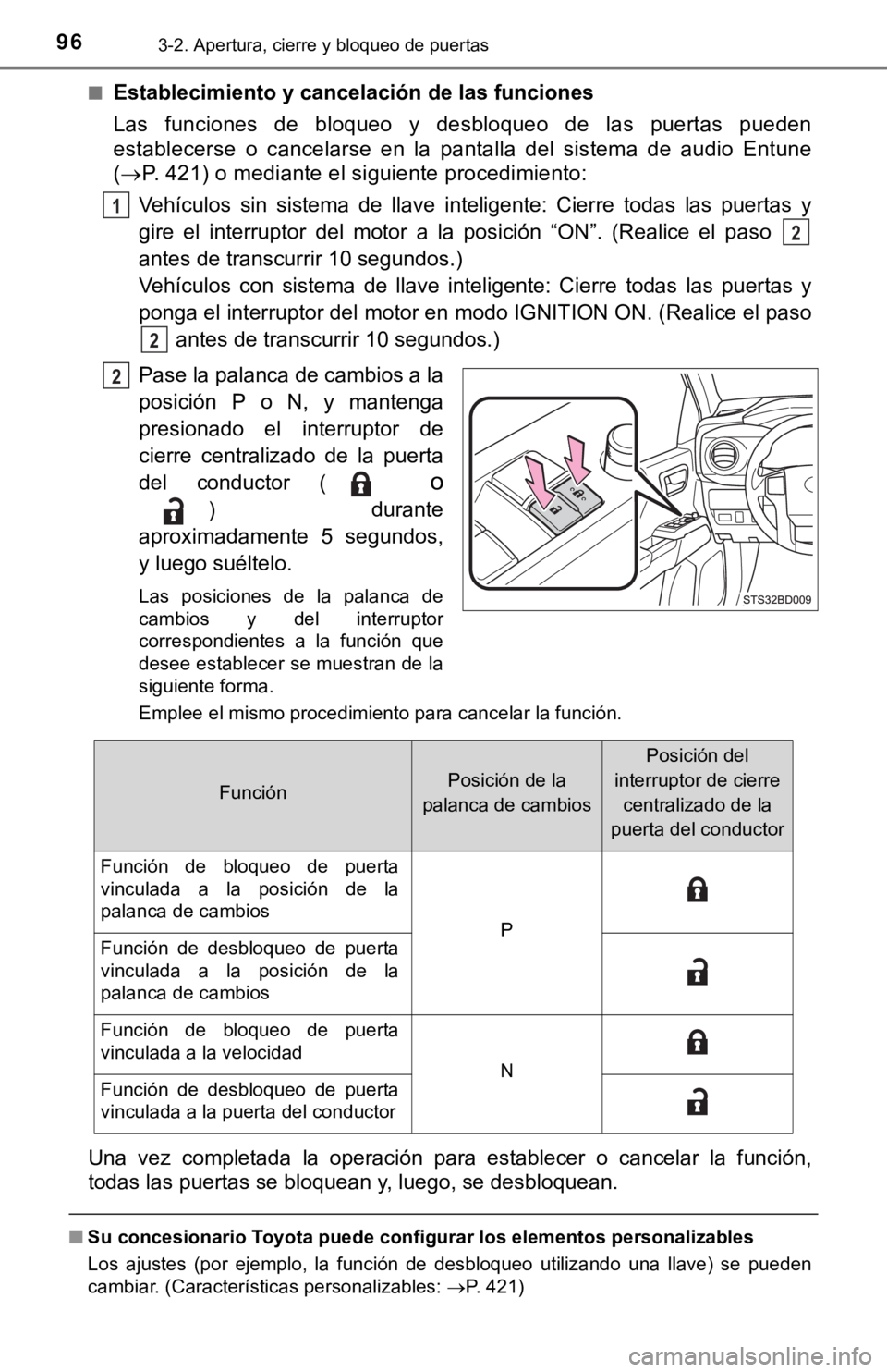 TOYOTA TACOMA 2018  Manual del propietario (in Spanish) 963-2. Apertura, cierre y bloqueo de puertas
■Establecimiento y cancelación de las funciones
Las  funciones  de  bloqueo  y  desbloqueo  de  las  puertas  pueden
establecerse  o  cancelarse  en  la