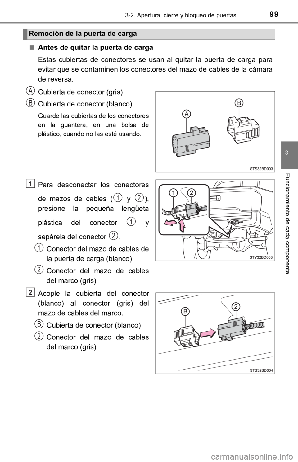 TOYOTA TACOMA 2018  Manual del propietario (in Spanish) 993-2. Apertura, cierre y bloqueo de puertas
3
Funcionamiento de cada componente
■Antes de quitar la puerta de carga
Estas  cubiertas  de  conectores  se  usan  al  quitar  la  puerta  de  carga  pa