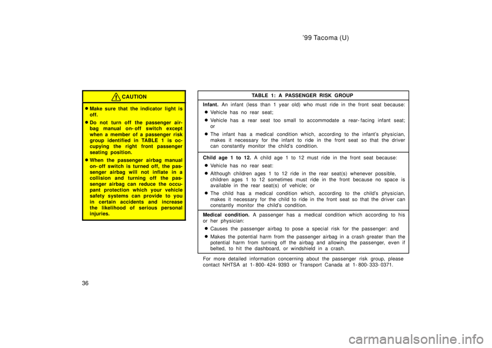 TOYOTA TACOMA 1999  Owners Manual 99 Tacoma (U)
36
CAUTION
� Make sure that the indicator light is 
off.
� Do not turn off the passenger air- 
bag manual on- off switch except 
when a member of a passenger risk 
group identified in T