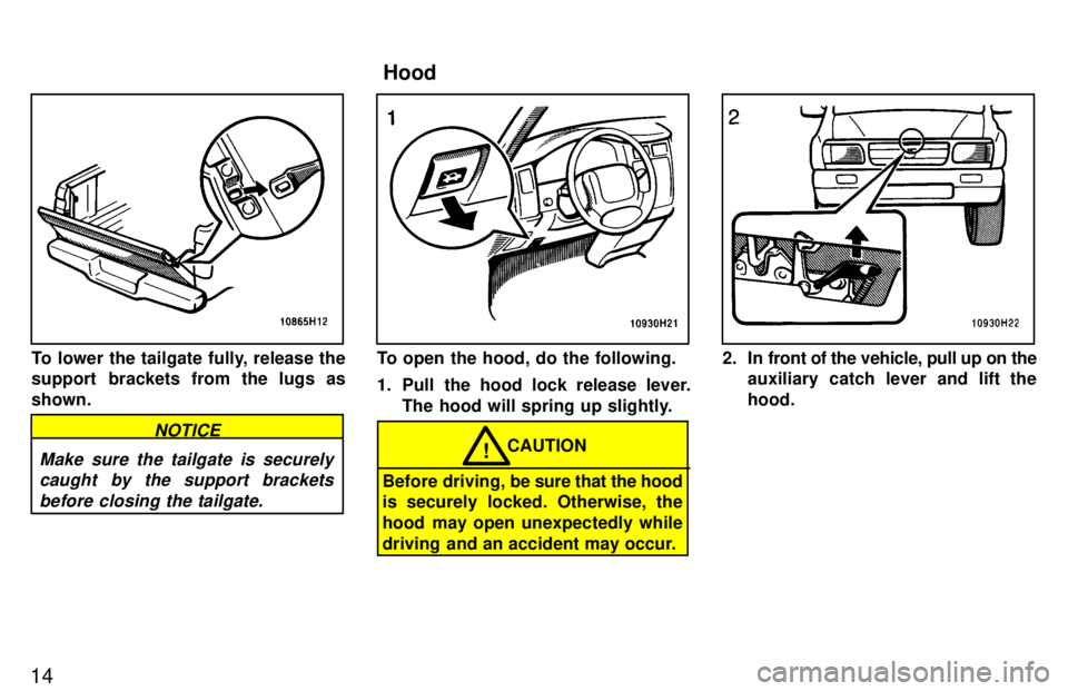TOYOTA TACOMA 1997  Owners Manual 14
To lower the tailgate fully, release the 
support brackets from the lugs as shown.
Make sure the tailgate is securelycaught by the support brackets
before closing the tailgate.
NOTICE
To open the h