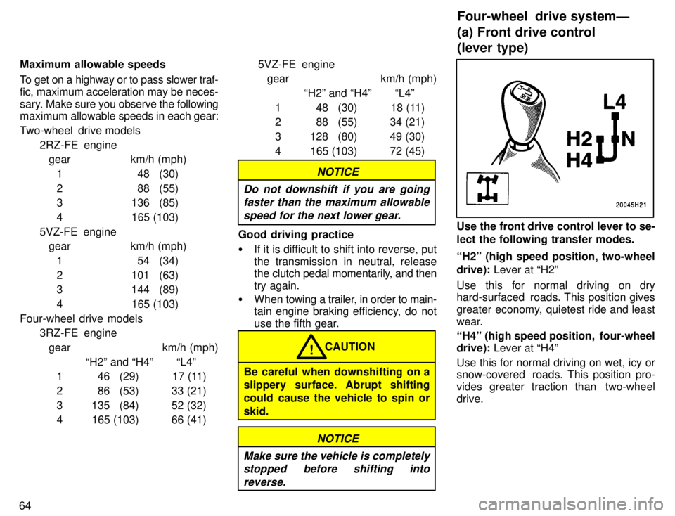 TOYOTA TACOMA 1996  Owners Manual 64Maximum allowable speeds 
To get on a highway or to pass slower traf- fic, maximum acceleration may be neces-
sary. 
Make sure you observe the following
maximum  allowable speeds in each gear:
Two-w