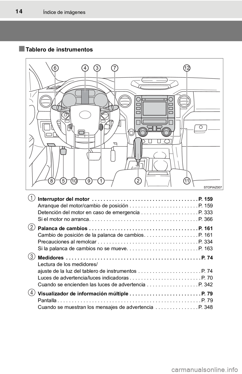 TOYOTA TUNDRA 2019  Manual del propietario (in Spanish) 14Índice de imágenes
■Tablero de instrumentos
Interruptor del motor  . . . . . . . . . . . . . . . . . . . . . . . . . . . . . . . . . . . . . P. 159
Arranque del motor/cambio de posición . . . .