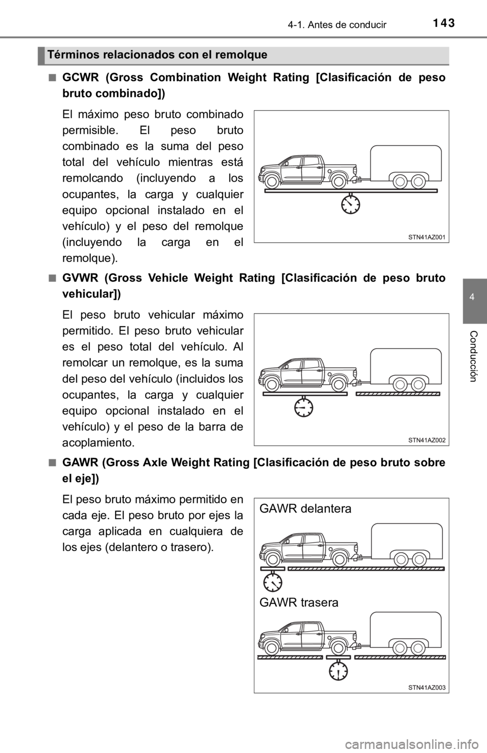 TOYOTA TUNDRA 2019  Manual del propietario (in Spanish) 1434-1. Antes de conducir
4
Conducción
■GCWR  (Gross  Combination  Weight  Rating  [Clasificación  de  peso
bruto combinado])
El  máximo  peso  bruto  combinado
permisible.  El  peso  bruto
combi