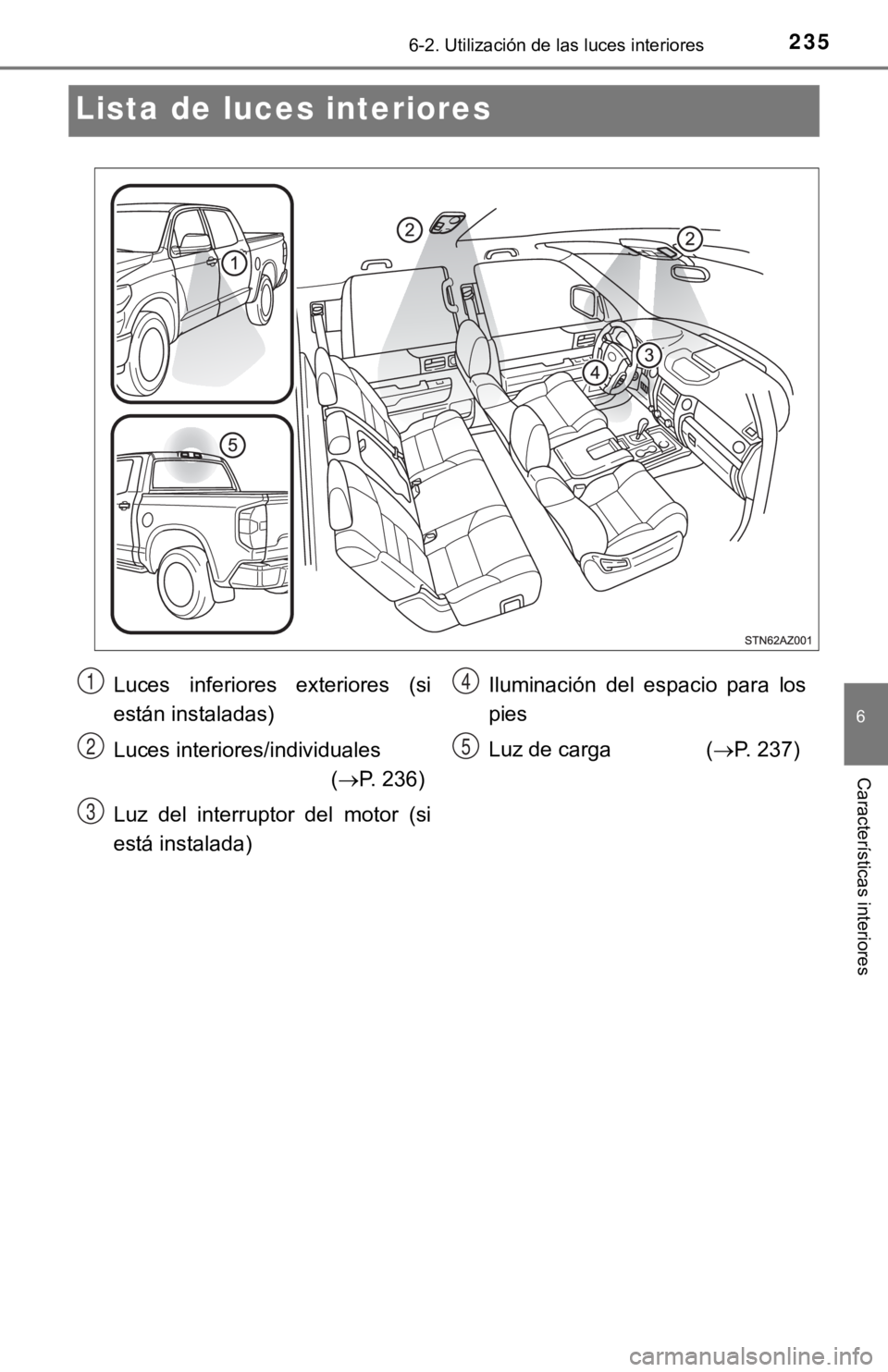TOYOTA TUNDRA 2019  Manual del propietario (in Spanish) 2356-2. Utilización de las luces interiores
6
Características interiores
Lista de luces interiores
Luces  inferiores  exteriores  (si
están instaladas)
Luces interiores/individuales 
(P. 236)
Lu