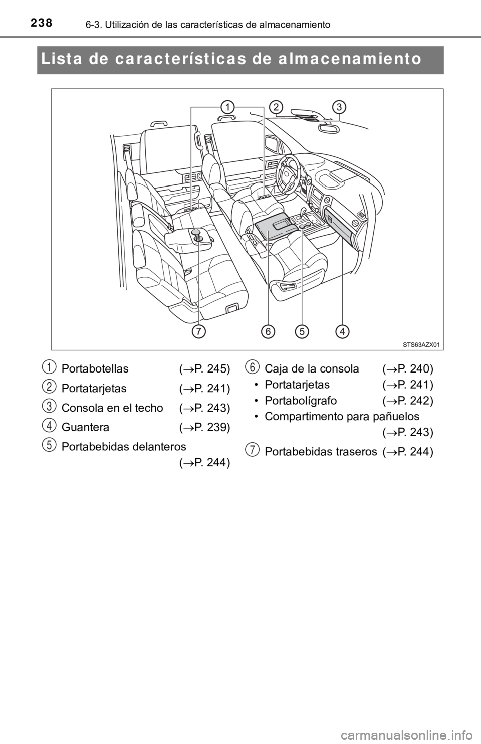 TOYOTA TUNDRA 2019  Manual del propietario (in Spanish) 2386-3. Utilización de las características de almacenamiento
Lista de características de almacenamiento
Portabotellas  (P. 245)
Portatarjetas ( P. 241)
Consola en el techo ( P. 243)
Guante