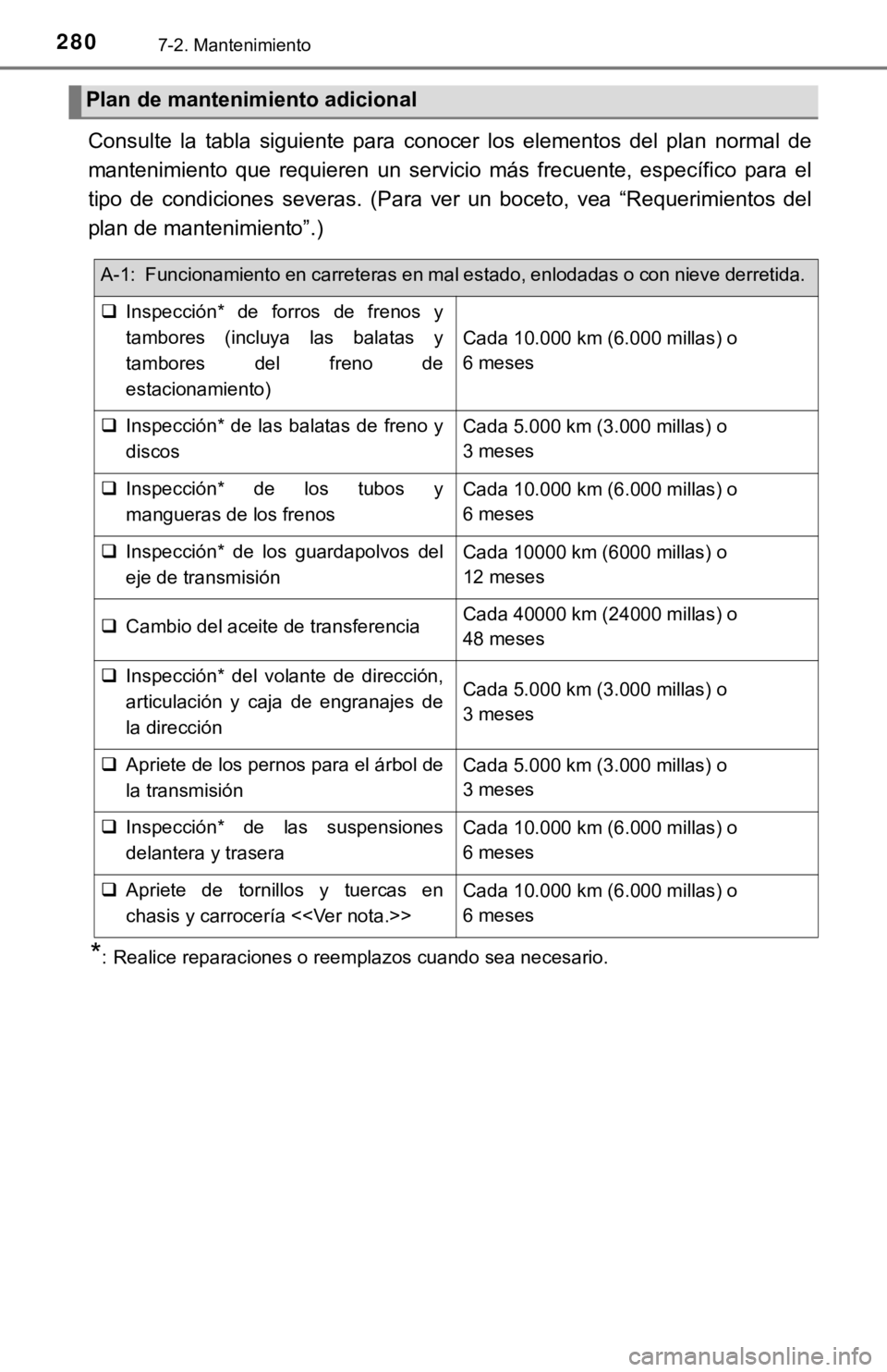 TOYOTA TUNDRA 2019  Manual del propietario (in Spanish) 2807-2. Mantenimiento
Consulte  la  tabla  siguiente  para  conocer  los  elementos  del  plan  normal  de
mantenimiento  que  requieren  un  servicio  más  frecuente,  específi co  para  el
tipo  d