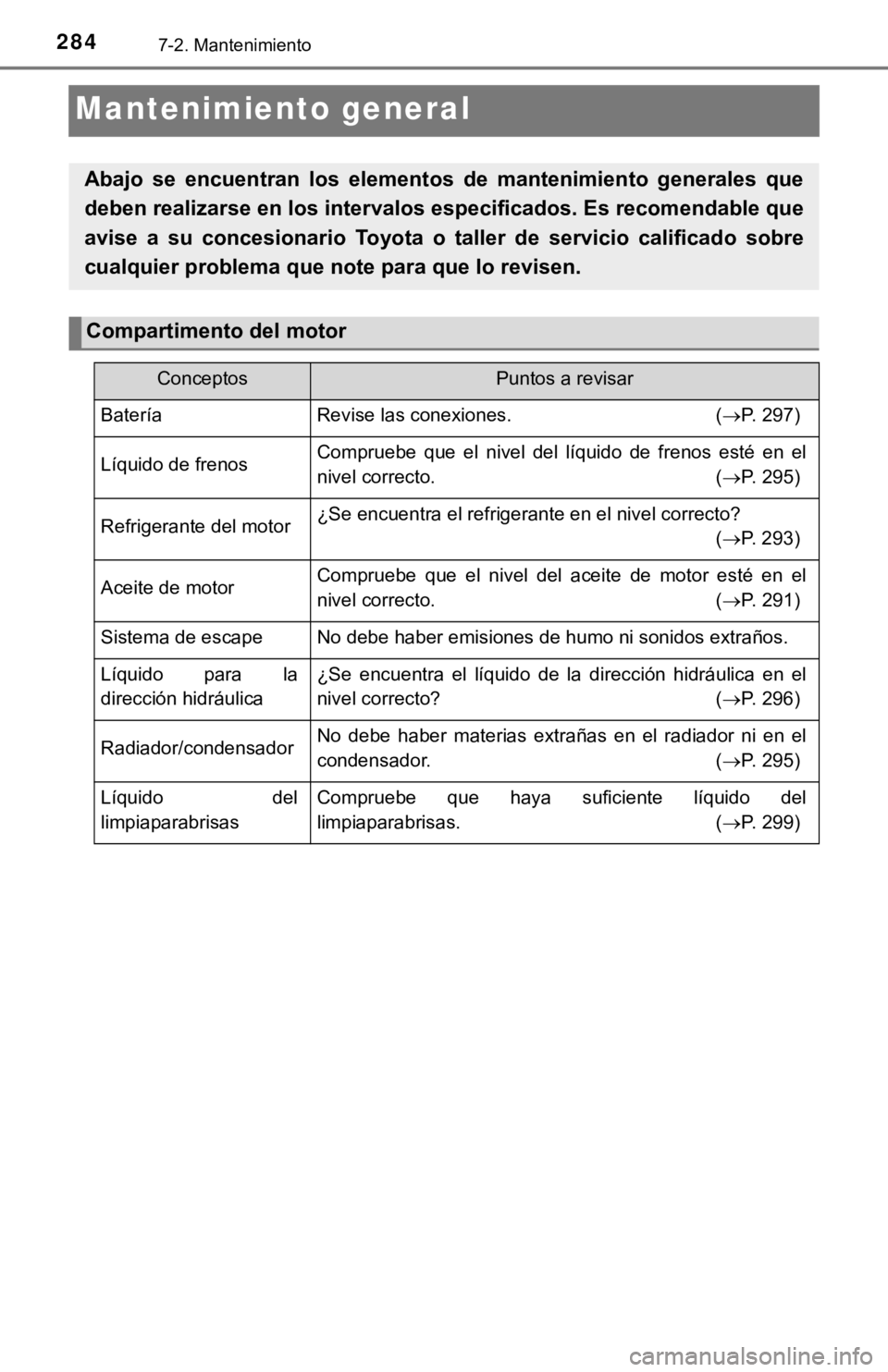 TOYOTA TUNDRA 2019  Manual del propietario (in Spanish) 2847-2. Mantenimiento
Mantenimiento general
Abajo  se  encuentran  los  elementos  de  mantenimiento  generales  que
deben realizarse en los intervalos especificados. Es recomendab le que
avise  a  su