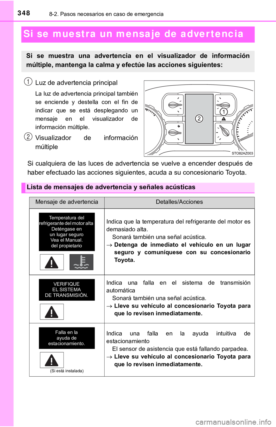 TOYOTA TUNDRA 2019  Manual del propietario (in Spanish) 3488-2. Pasos necesarios en caso de emergencia
Si se muestra un mensaje de advertencia
Luz de advertencia principal
La luz de advertencia principal también
se  enciende  y  destella  con  el  fin  de