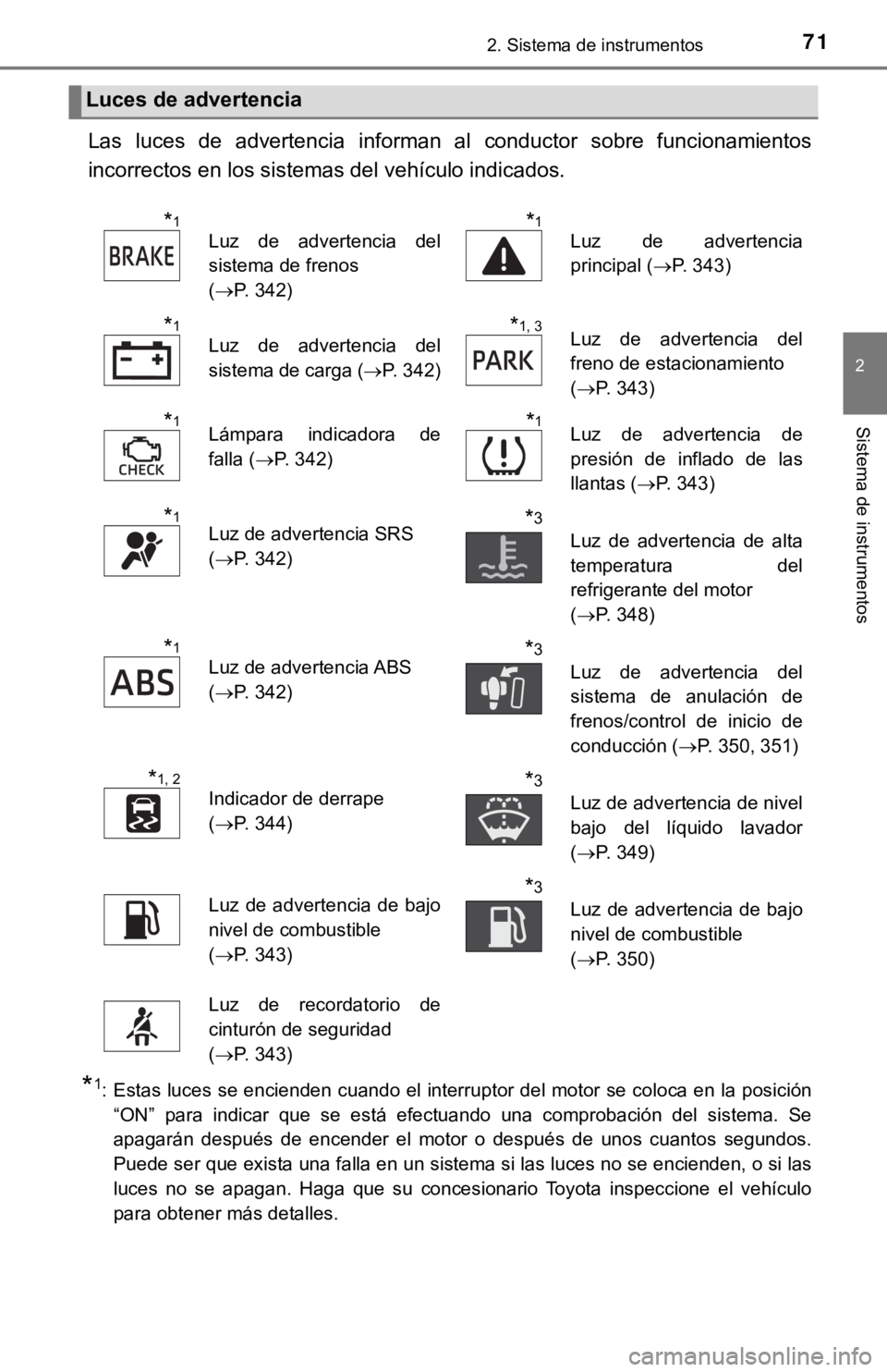 TOYOTA TUNDRA 2019  Manual del propietario (in Spanish) 712. Sistema de instrumentos
2
Sistema de instrumentos
Las  luces  de  advertencia  informan  al  conductor  sobre  funcionamientos
incorrectos en los sistemas del vehículo indicados.
*1: Estas luces