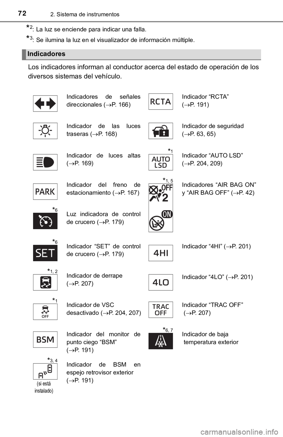 TOYOTA TUNDRA 2019  Manual del propietario (in Spanish) 722. Sistema de instrumentos
*2: La luz se enciende para indicar una falla.
*3: Se ilumina la luz en el visualizador de información múltiple.
Los indicadores informan al conductor acerca del estado 