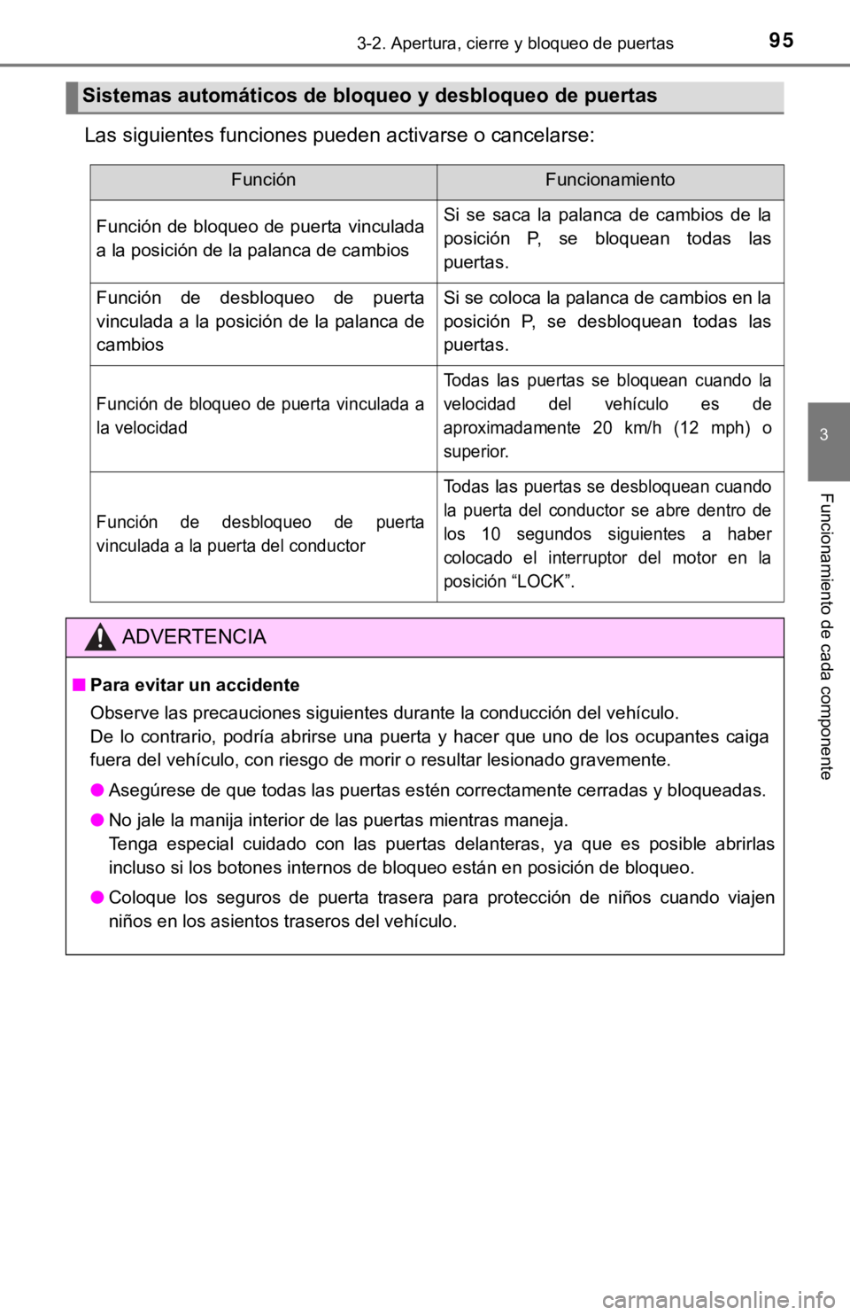 TOYOTA TUNDRA 2019  Manual del propietario (in Spanish) 953-2. Apertura, cierre y bloqueo de puertas
3
Funcionamiento de cada componente
Las siguientes funciones pueden activarse o cancelarse:
Sistemas automáticos de bloqueo y desbloqueo de puertas
Funci