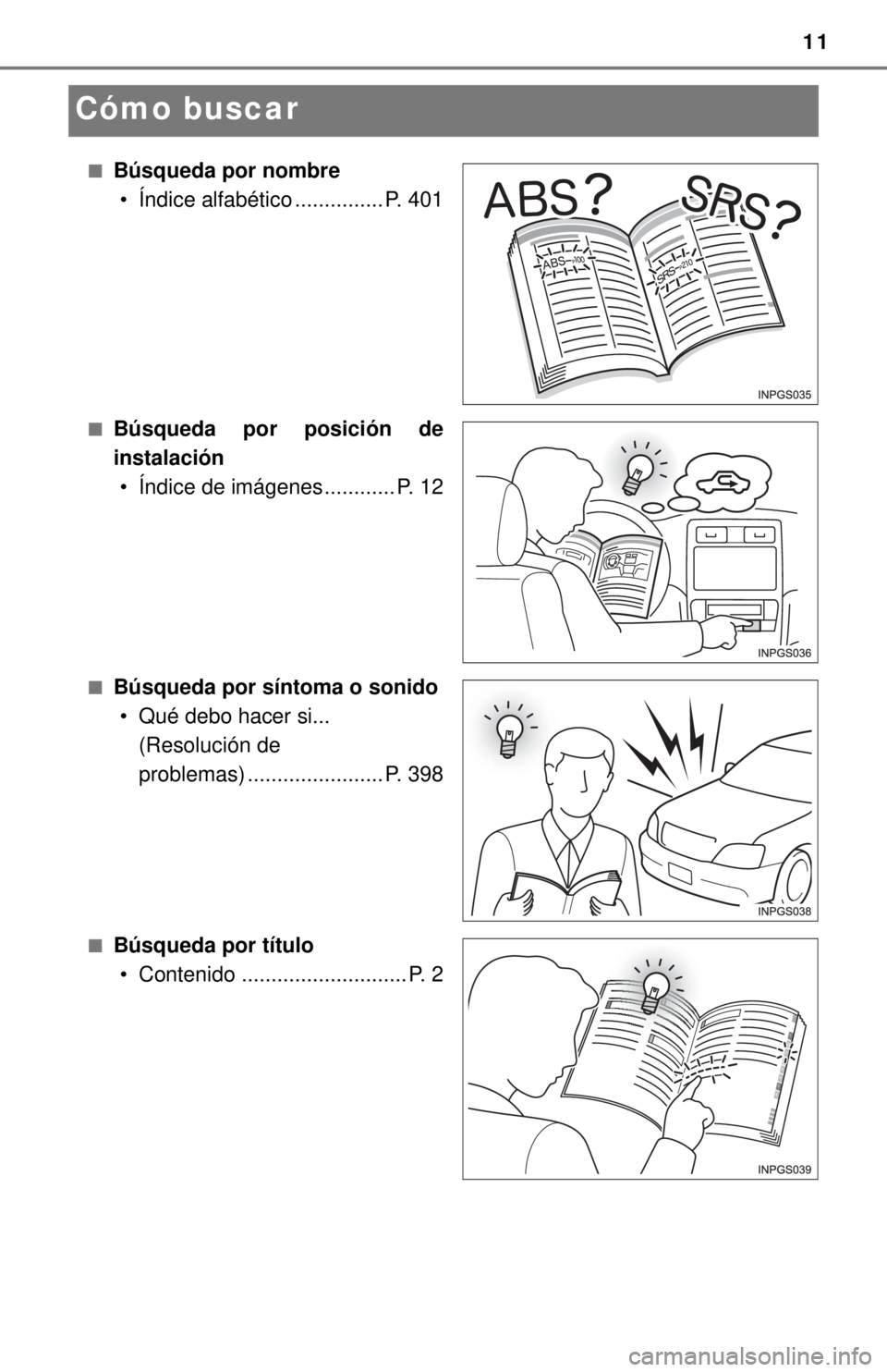 TOYOTA TUNDRA 2018  Manual del propietario (in Spanish) 11
Cómo buscar
■Búsqueda por nombre• Índice alfabético ............... P. 401
■Búsqueda por posición de
instalación• Índice de imágenes............ P. 12
■Búsqueda por síntoma o s