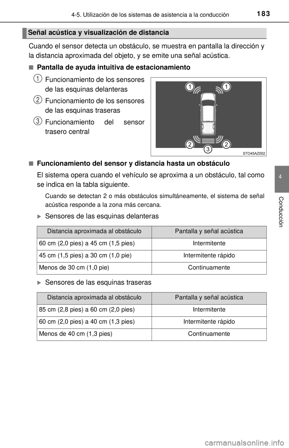 TOYOTA TUNDRA 2018 Manual del propietario (in Spanish) 1834-5. Utilización de los sistemas de asistencia a la conducción
4
Conducción
Cuando el sensor detecta un obstáculo, se muestra en pantalla la dirección y
la distancia aproximada del objeto, y s TOYOTA TUNDRA 2018 Manual del propietario (in Spanish) 1834-5. Utilización de los sistemas de asistencia a la conducción
4
Conducción
Cuando el sensor detecta un obstáculo, se muestra en pantalla la dirección y
la distancia aproximada del objeto, y s