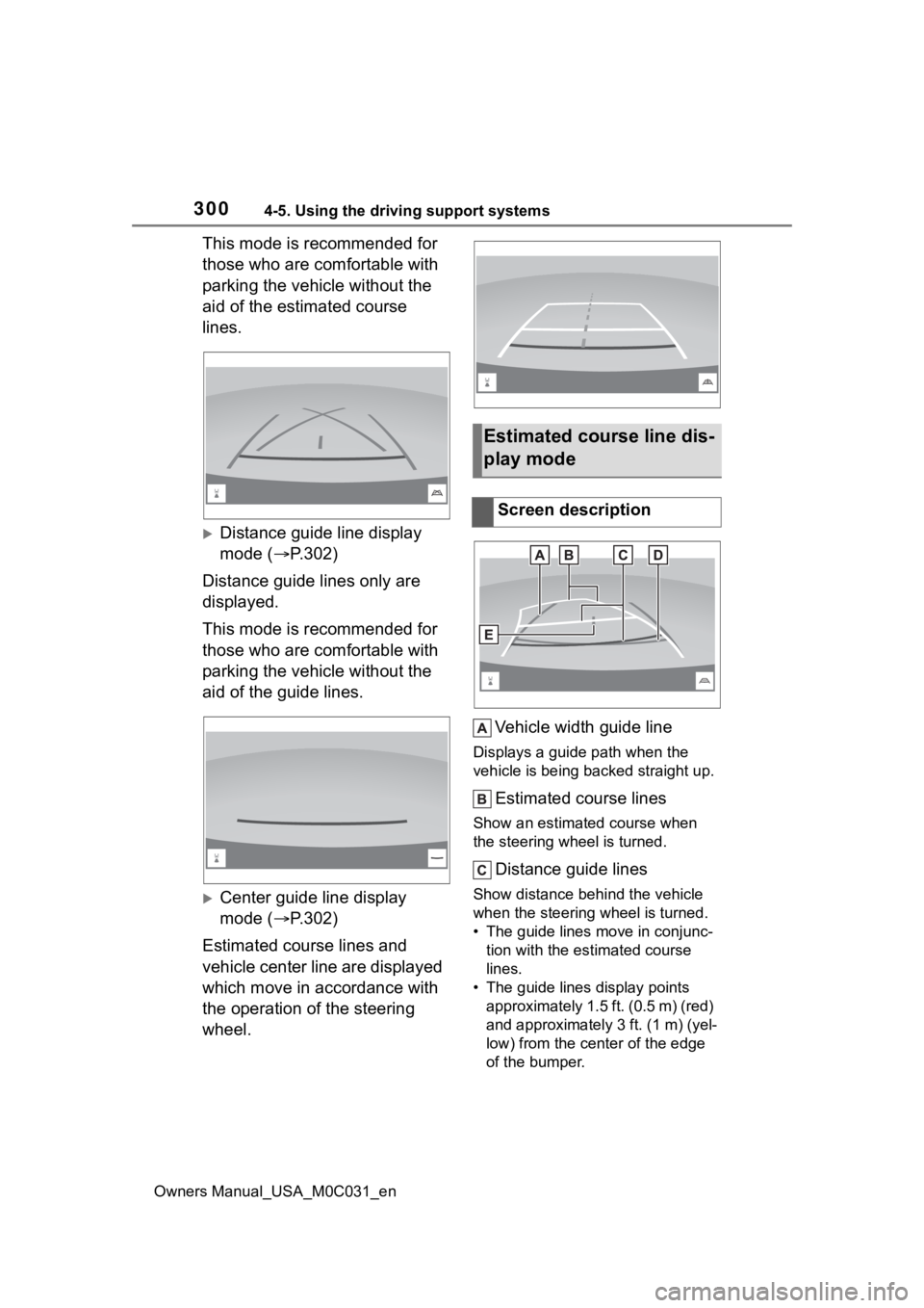 TOYOTA TUNDRA HYBRID 2022  Owners Manual 3004-5. Using the driving support systems
Owners Manual_USA_M0C031_en
This mode is recommended for 
those who are comfortable with 
parking the vehicle without the 
aid of the estimated course 
lines.
