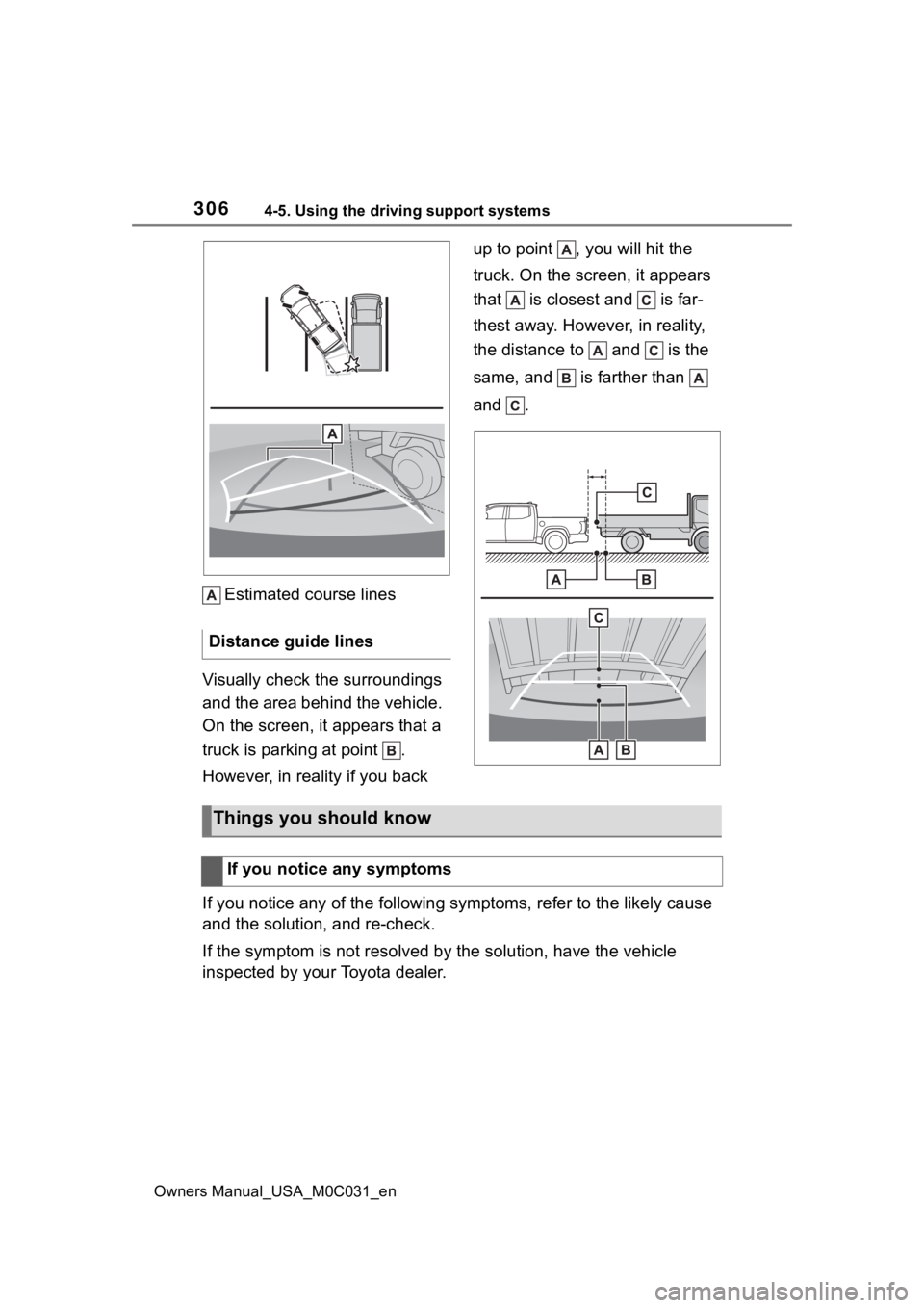 TOYOTA TUNDRA HYBRID 2022  Owners Manual 3064-5. Using the driving support systems
Owners Manual_USA_M0C031_en
Estimated course lines
Visually check the surroundings 
and the area behind the vehicle. 
On the screen, it appears that a 
truck 