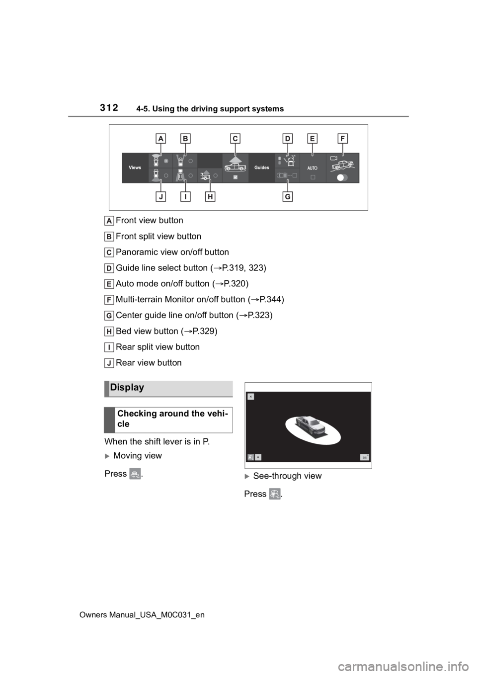 TOYOTA TUNDRA HYBRID 2022  Owners Manual 3124-5. Using the driving support systems
Owners Manual_USA_M0C031_en
Front view button
Front split view button
Panoramic view on/off button
Guide line select button (P.319, 323)
Auto mode on/off b