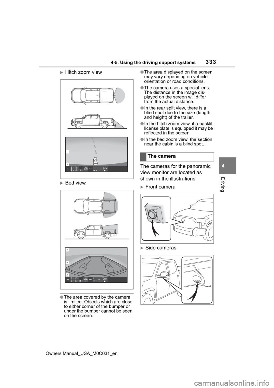 TOYOTA TUNDRA HYBRID 2022  Owners Manual 3334-5. Using the driving support systems
Owners Manual_USA_M0C031_en
4
Driving
Hitch zoom view
Bed view
●The area covered by the camera 
is limited. Objects which are close 
to either corner 
