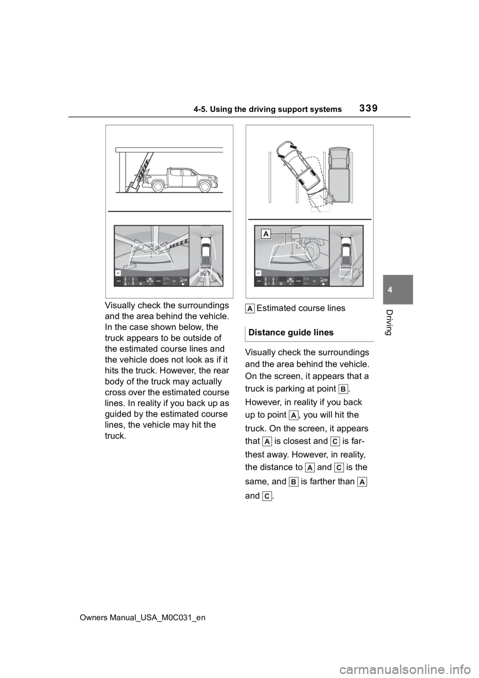 TOYOTA TUNDRA HYBRID 2022  Owners Manual 3394-5. Using the driving support systems
Owners Manual_USA_M0C031_en
4
DrivingVisually check the surroundings 
and the area behind the vehicle. 
In the case shown below, the 
truck appears to be outs