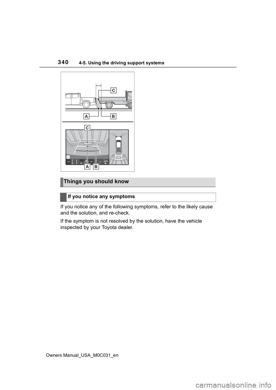 TOYOTA TUNDRA HYBRID 2022  Owners Manual 3404-5. Using the driving support systems
Owners Manual_USA_M0C031_en
If you notice any of the following symptoms, refer to the likely cause 
and the solution, and re-check.
If the symptom is not reso