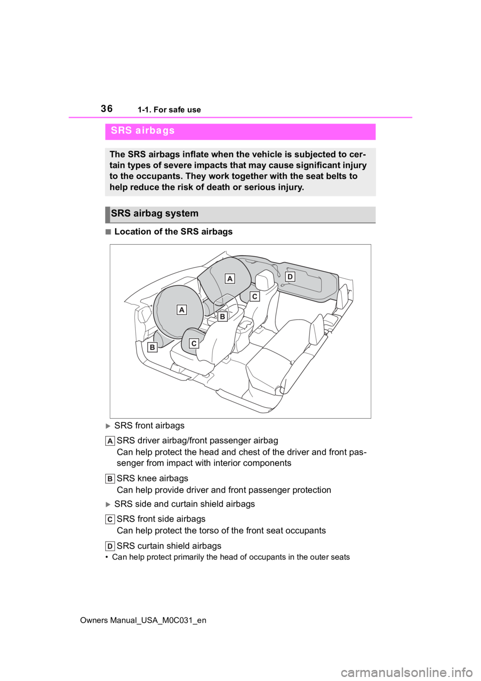 TOYOTA TUNDRA HYBRID 2022  Owners Manual 361-1. For safe use
Owners Manual_USA_M0C031_en
■Location of the SRS airbags
SRS front airbagsSRS driver airbag/front passenger airbag
Can help protect the head and chest of the driver and front 
